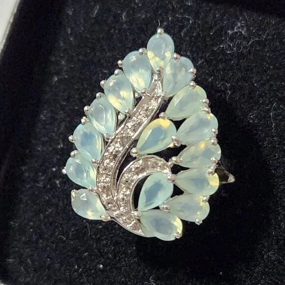 Retired 925 Cluster Teardrop Blue Leaf Aquamarine & White Zircon Size 7 Ring - Picture 14 of 16